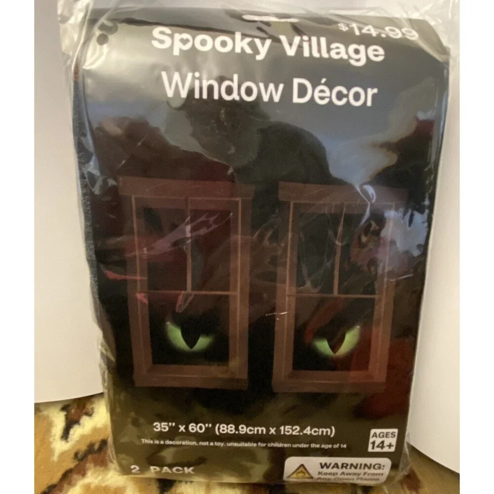 NEW Spooky Village Halloween Window Decor, Window Green Cat Eyes Curtain Panels